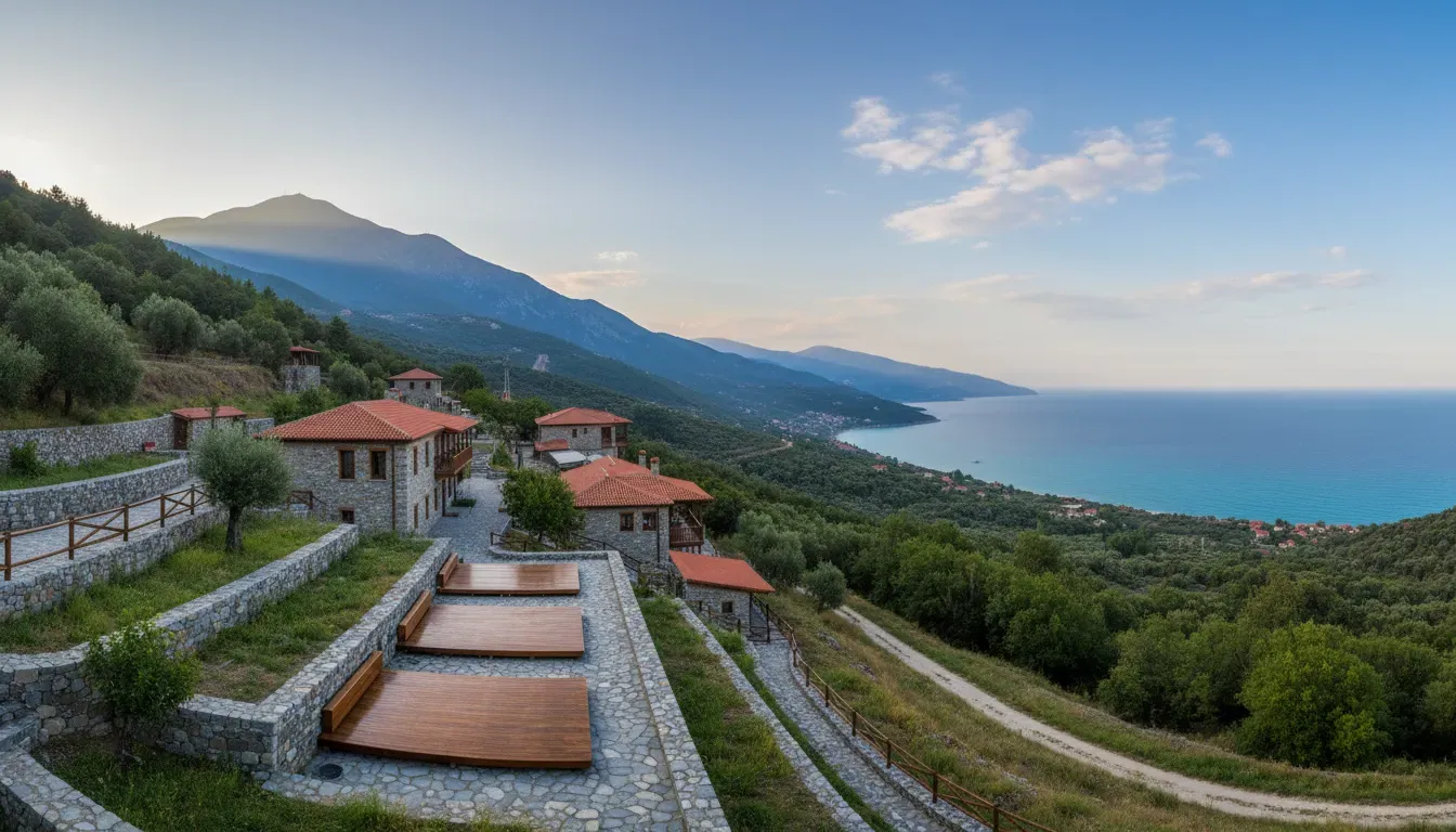 Sintrivanis Resort  - Mount Olympus — Perched in the quiet mountain village of Ano Skotina, at the foot of Mount Olympus, the resort boasts a pure rural atmosphere. Guests are treated to majestic mountain and ocean views, fresh air, and direct access to hiking paths, creating an environment that naturally supports stillness and retreat life.
