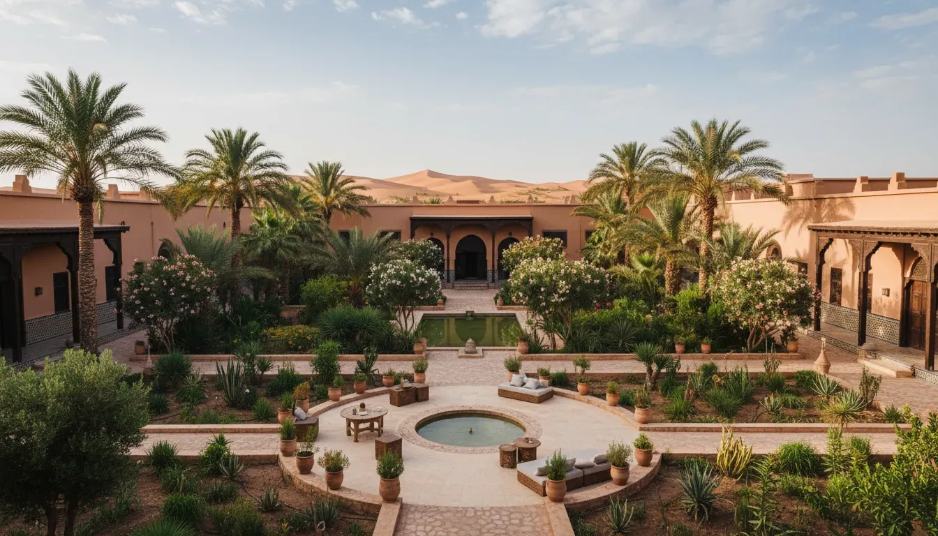 soleil du monde — The Riad is situated in Zagora, offering a tranquil garden setting for guests to unwind. The outdoor spaces, including a well-exposed terrace, invite relaxation amidst the Moroccan landscape.