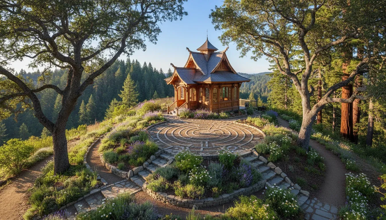Spirit House — Spirit House is nestled on a mountaintop in Northern California, blessed with ample sunshine and surrounded by lush gardens. The property boasts beautiful oak trees, a ceremonial labyrinth, and walkable trails that wind through majestic redwood forests, offering a serene and natural atmosphere.