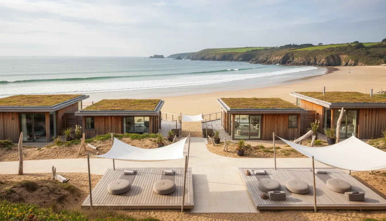 St Michaels Resort — The resort is situated directly on Gyllyngvase Beach in Falmouth, Cornwall, offering stunning sea views and direct access to the sandy shores. The atmosphere is one of sophisticated coastal relaxation, with the sound of waves and fresh sea air contributing to a serene environment.