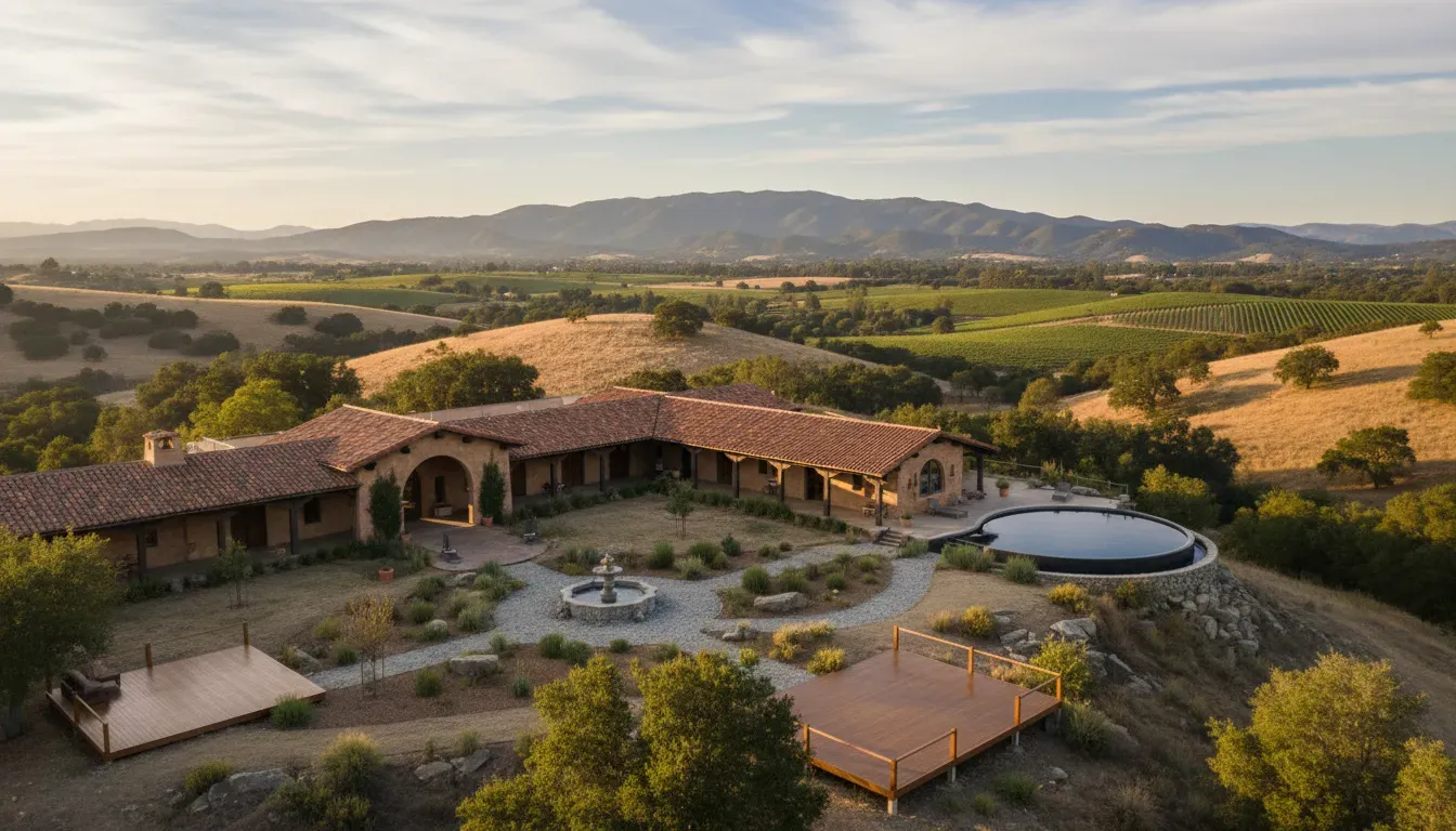 Sunstone Villa — The retreat is situated in Santa Ynez, a region known for its picturesque landscapes, rolling hills, and vineyards. While specific details about the villa's immediate surroundings are not provided, the area generally offers a tranquil and scenic backdrop conducive to reflection and relaxation.