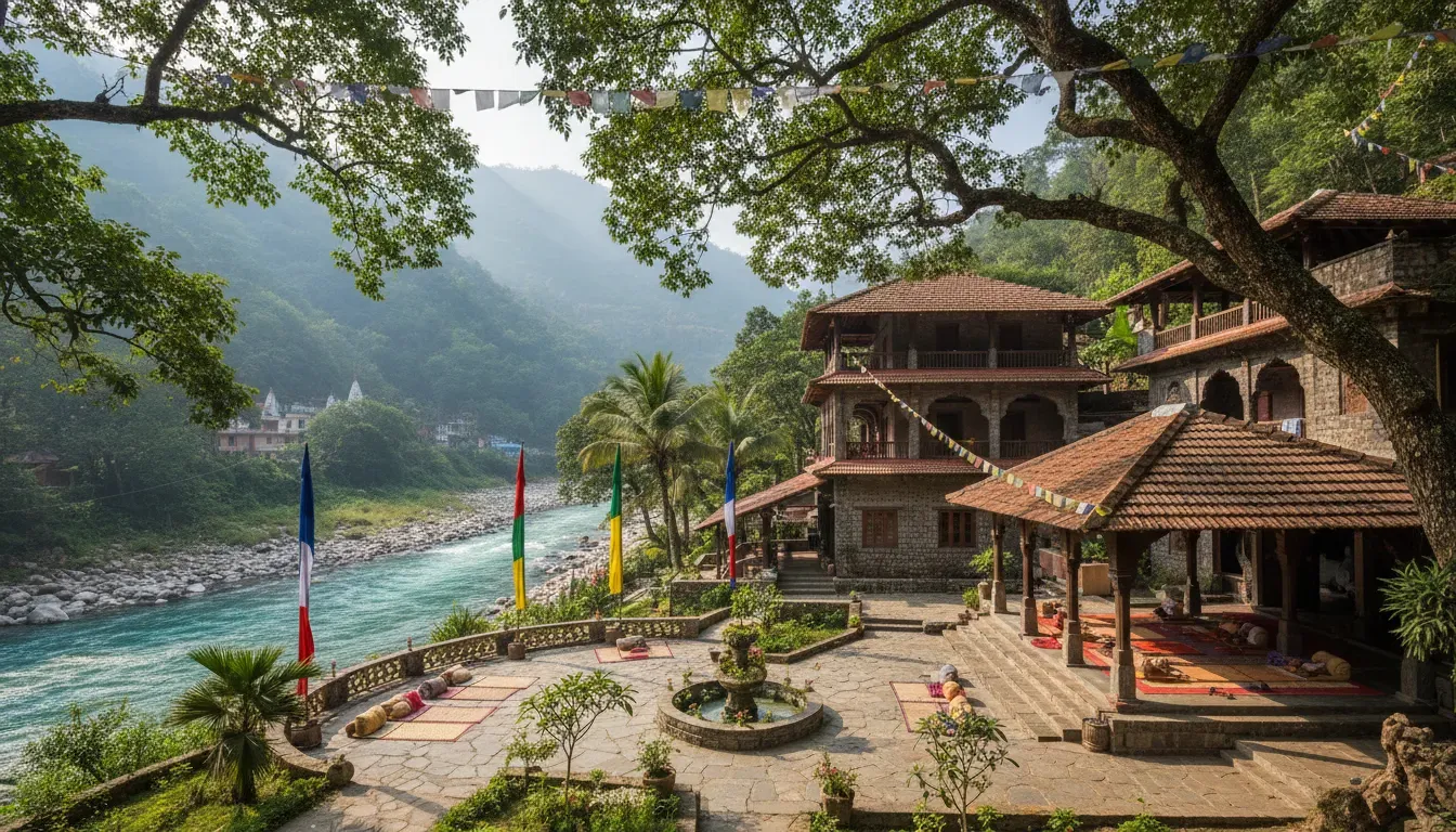 Tapovan Yogashala — Rishikesh, often called the 'Yoga Capital of the World,' provides a vibrant backdrop for spiritual exploration. The center is situated in an area known for its ashrams and temples, with the sacred Ganges River flowing nearby. The atmosphere is one of devotion and introspection, surrounded by the foothills of the Himalayas.