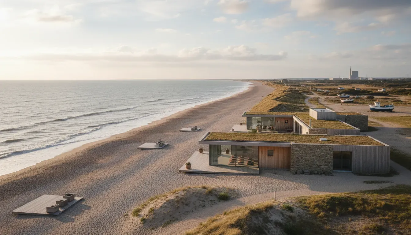The beach house — Situated in the peaceful coastal village of Lydd-on-Sea, the property offers direct access to an expansive shingle and sand beach. It boasts uninterrupted, panoramic views across the English Channel, with France visible on clear days, and a rear outlook over the distinct landscape of the Dungeness Nature Reserve.