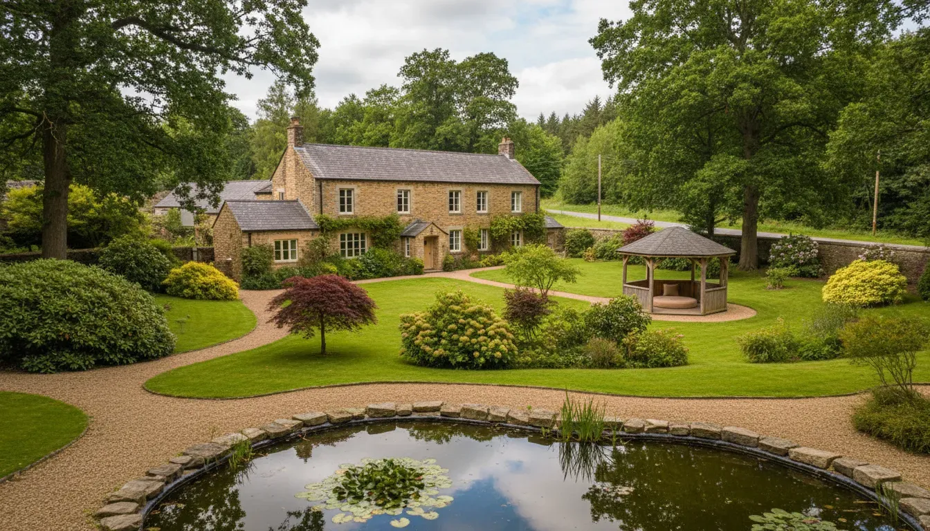 The Pheasantry, Builth Wells — Nestled near the market town of Builth Wells, The Pheasantry is enveloped by 1.6 acres of beautifully landscaped gardens. This verdant setting provides a peaceful and secluded atmosphere, ideal for quiet reflection, despite its convenient proximity to a main road.