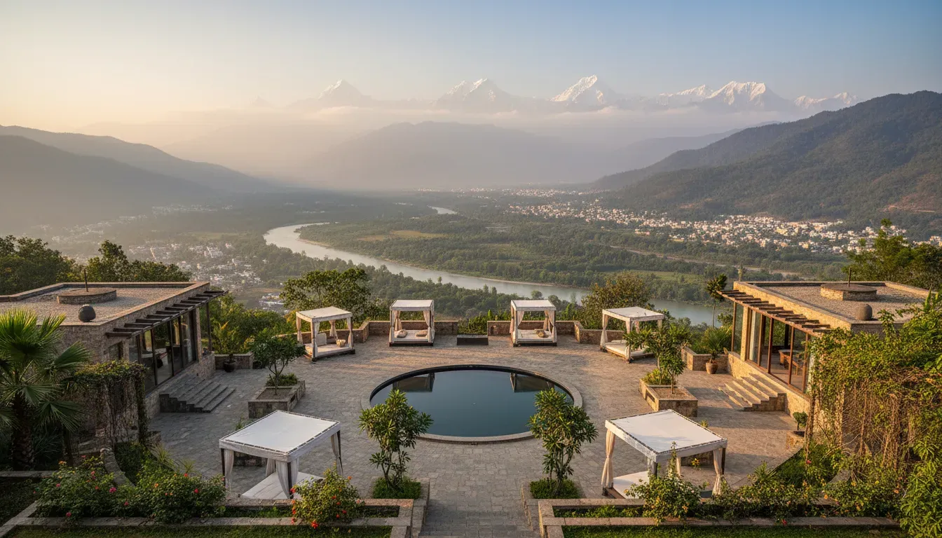 The Sweven NeerVan — The center is situated on a hilltop overlooking Rishikesh, providing a sense of removal from the city while remaining accessible. The landscape is dominated by the expansive Ganga Valley stretching out below and the majestic Himalayas forming the horizon. This dramatic natural setting encourages contemplation and a deep connection with the environment.
