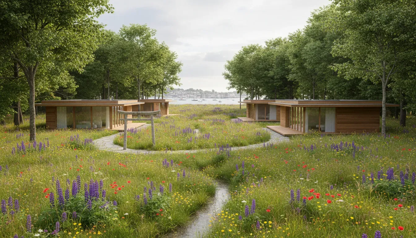 Tiny Homes Holidays — The retreat is nestled within a serene wildflower meadow, bordered by ancient woodland, providing a tranquil natural environment. Despite its secluded feel, it remains conveniently close to the lively atmosphere of Cowes Harbour Town.