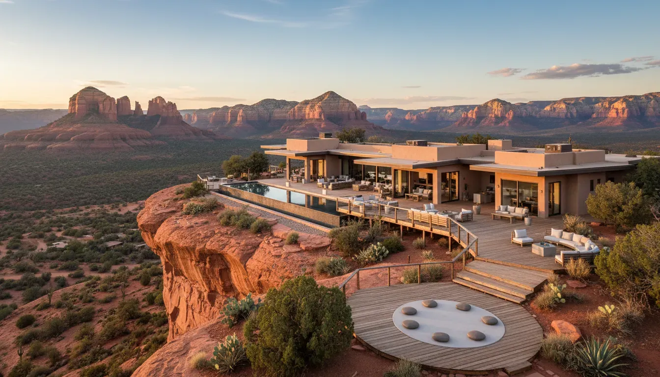 Top Notch Retreat House — Perched in the vibrant landscape of West Sedona, the retreat house offers unparalleled 270-degree views of the iconic red rock formations. The atmosphere is one of sophisticated comfort, blending modern luxury with the raw beauty of the surrounding desert. Guests can enjoy the serene environment from expansive outdoor decks, feeling deeply connected to the natural grandeur of Sedona.