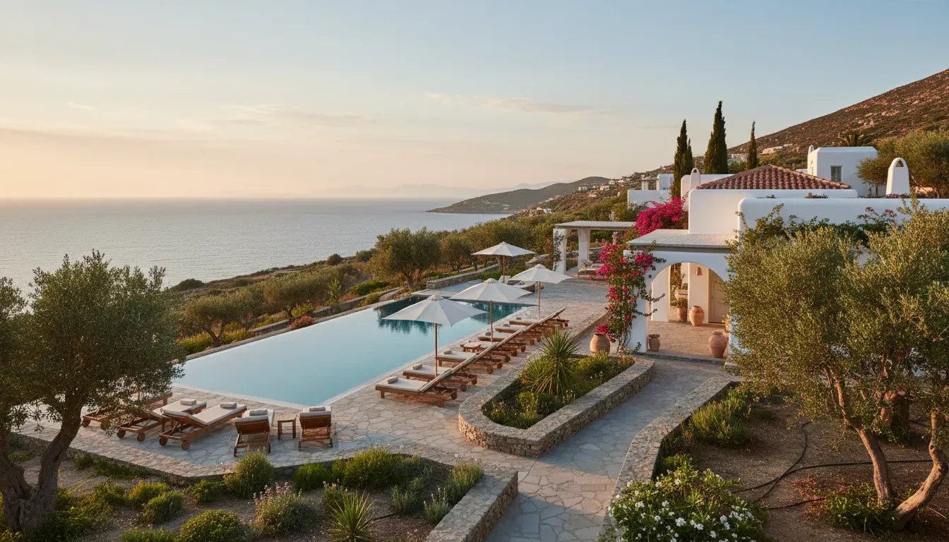 V Hotel Delphi — The V Hotel Delphi is situated in the heart of Delphi village, offering guests stunning panoramic views of the surrounding Cycladic landscape. The atmosphere is one of peaceful tranquility, with the ancient history of the region palpable in the air, providing a contemplative backdrop to any stay.