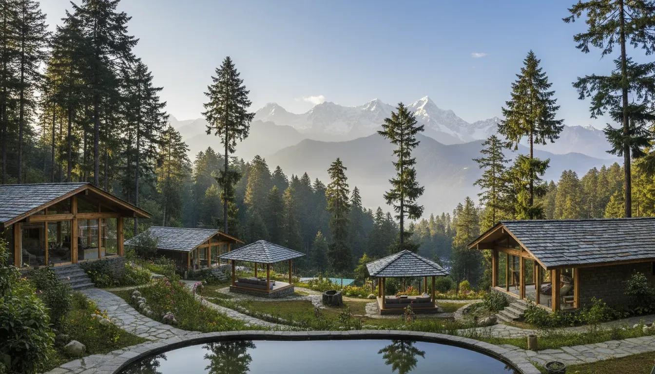 Vatsyayana Resort — The resort is situated 40 km from Jim Corbett National Park, surrounded by enchanting forests of fir and pine. It boasts a spectacular 180-degree view of the snow-capped Himalayan peaks, providing a tranquil and visually stunning environment.