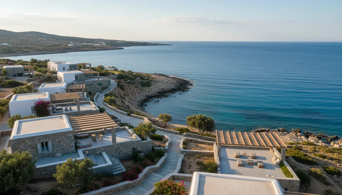 Villa Alope-Ava — Located in Ferma, on the southern coast of Crete, Villa Alope-Ava is surrounded by the natural beauty of the Mediterranean landscape. The villas are situated just 30 meters from the sea, offering direct access to the water and the soothing presence of the ocean. The atmosphere is calm and intimate, providing a peaceful coastal environment.