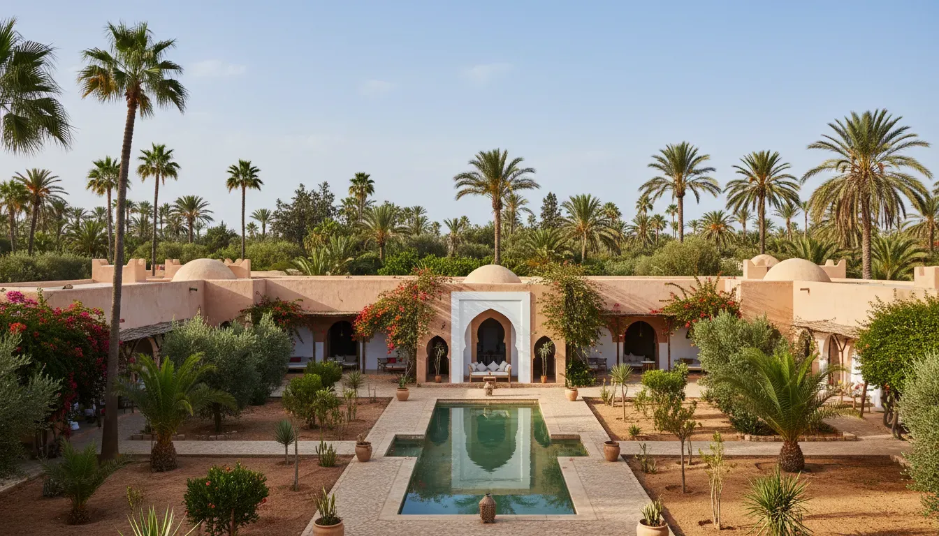 Villa Dar Bouma — The villa is situated in a quiet, private location just outside Essaouira, surrounded by nature. The atmosphere is one of profound stillness, where the sounds of traffic are replaced by the gentle rustling of palm leaves and local birds. Traditional Moorish architecture, earth tones, and lush green gardens contribute to a deeply calming environment.