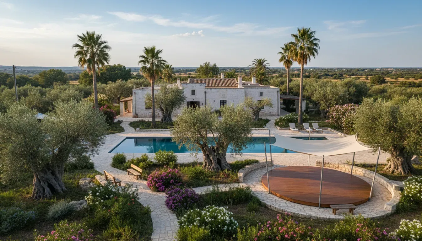 Villa In The Puglia, Italy — Nestled amidst ancient olive groves and vibrant palm-lined gardens, the villa provides a peaceful countryside sanctuary. The atmosphere is one of quiet seclusion, offering a private escape from the everyday hustle in the heart of Puglia.