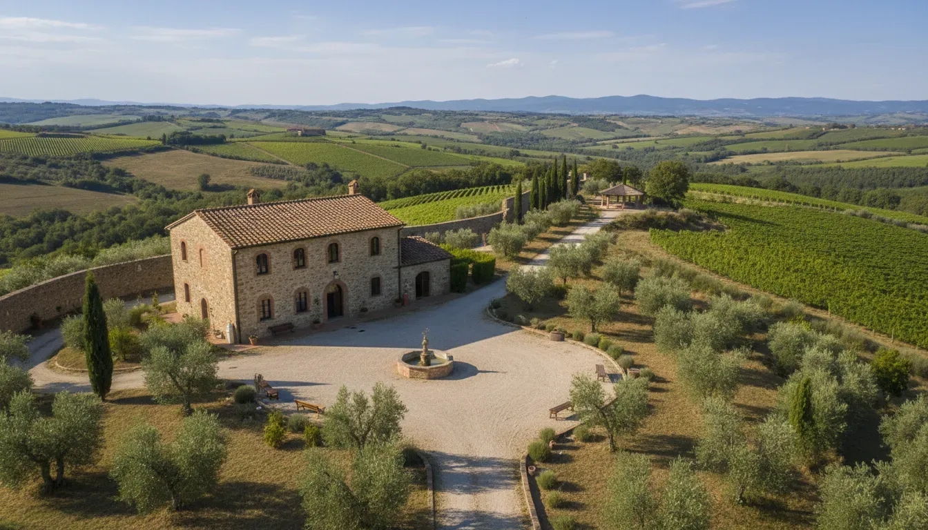 Villa Montecastello — Monteriggioni, a historic walled town in Tuscany, provides a picturesque backdrop for Villa Montecastello. Expect rolling hills, vineyards, and olive groves, characteristic of the Italian countryside. The atmosphere is likely one of serene beauty and rustic elegance, offering a peaceful escape.