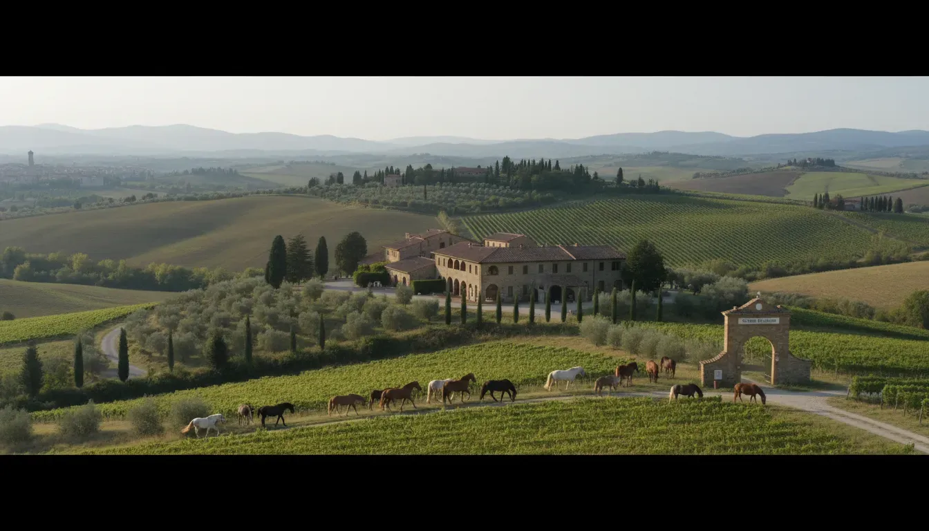 Villa Poggio Gaville — The estate is set amidst the classic Tuscan landscape of rolling hills, vineyards, and olive groves, perfectly positioned near Florence and at the entrance to the Chianti Classico region. The presence of 18 free-roaming horses contributes to a feeling of wild beauty and harmony with nature.