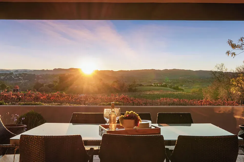 Wilson Family Vineyard Estate — Perched atop ten private acres, the estate boasts panoramic views of Santa Rosa's rolling hills. The atmosphere is one of serene luxury, blending the natural beauty of the vineyard landscape with refined comfort, well suited to both intimate gatherings and larger celebrations.