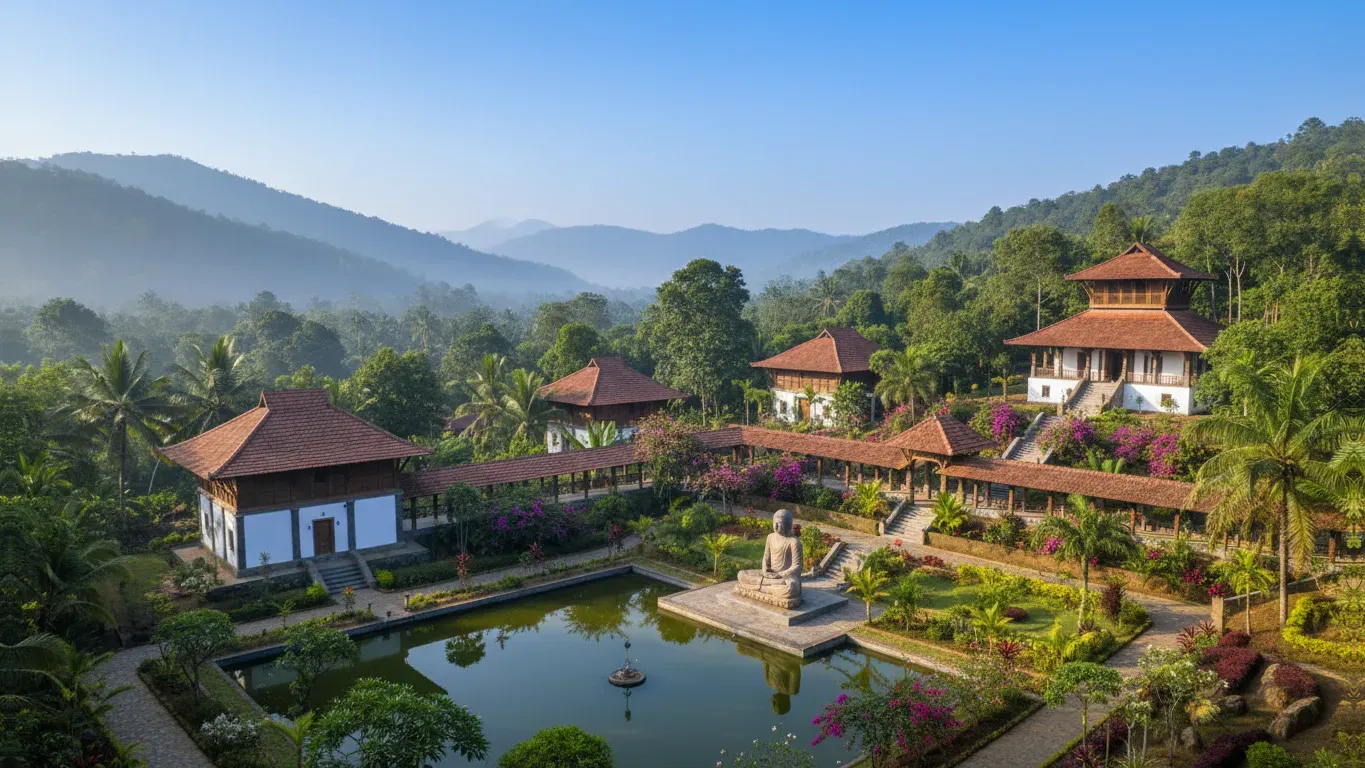 Dhamma Sukhalaya &ndash; Dhamma.org — The center is located amidst uninhabited farmlands, offering a quiet and secluded environment. The current setup is basic, with a temporary shaded structure acting as the main Dhamma hall, providing a rustic and close-to-nature atmosphere.