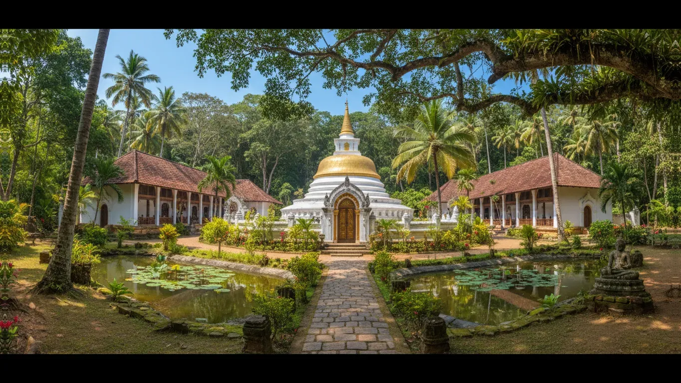 Parappaduwa Hermitage — The hermitage is situated on an island within the beautiful Rathgama Lake, offering a naturally secluded and peaceful environment. Surrounded by water and lush greenery, the setting is ideal for deep meditation and quiet contemplation, far removed from the hustle and bustle of daily life.