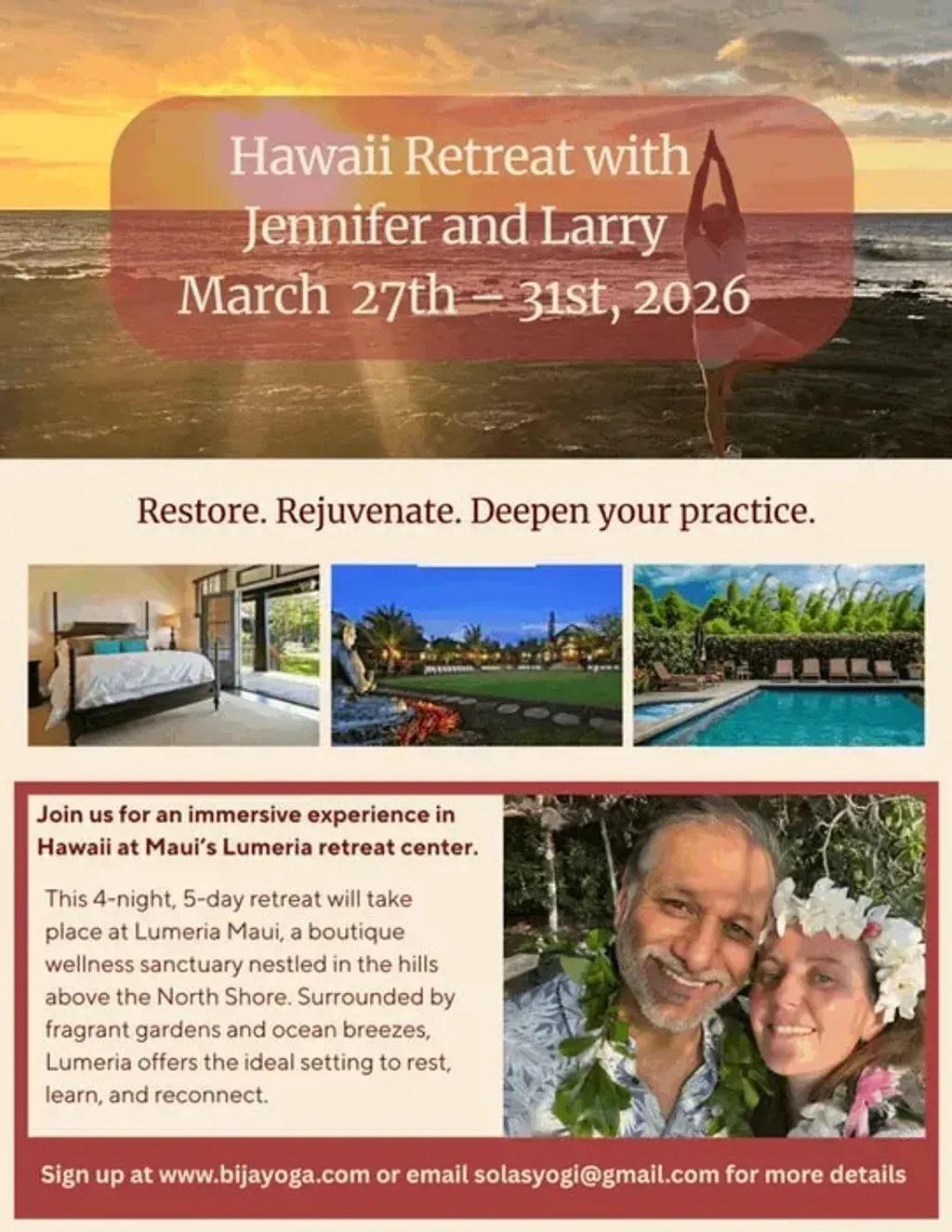 Bija Yoga — The retreat is held on Maui's North Shore, offering a captivating blend of rustic charm and natural splendor. Situated between the historic plantation towns of Paia and Makawao, guests can explore the authentic local culture, from seaside towns to the rich history of Hawaiian cowboys. The surrounding landscape provides easy access to pristine beaches, lush bamboo forests, stunning waterfalls, and a wide array of outdoor activities.