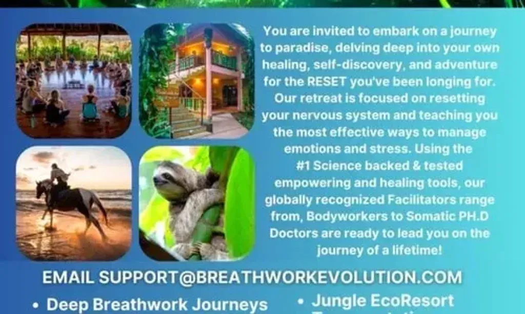Breathwork Evolution — set within a magical 20-acre eco-garden, the center is immersed in the vibrant jungle of Costa Rica's Limón Province, right on the Caribbean coast. Expect a rich tapestry of tropical flora and fauna, providing a serene and inspiring natural environment.