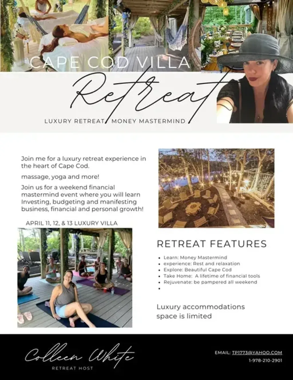 Colleen White — set in the picturesque Mirror Lake region of New Hampshire, the venue provides a serene backdrop for relaxation and introspection. The natural beauty of the area likely offers opportunities for outdoor activities, complementing the retreat's focus on adventure and well-being.