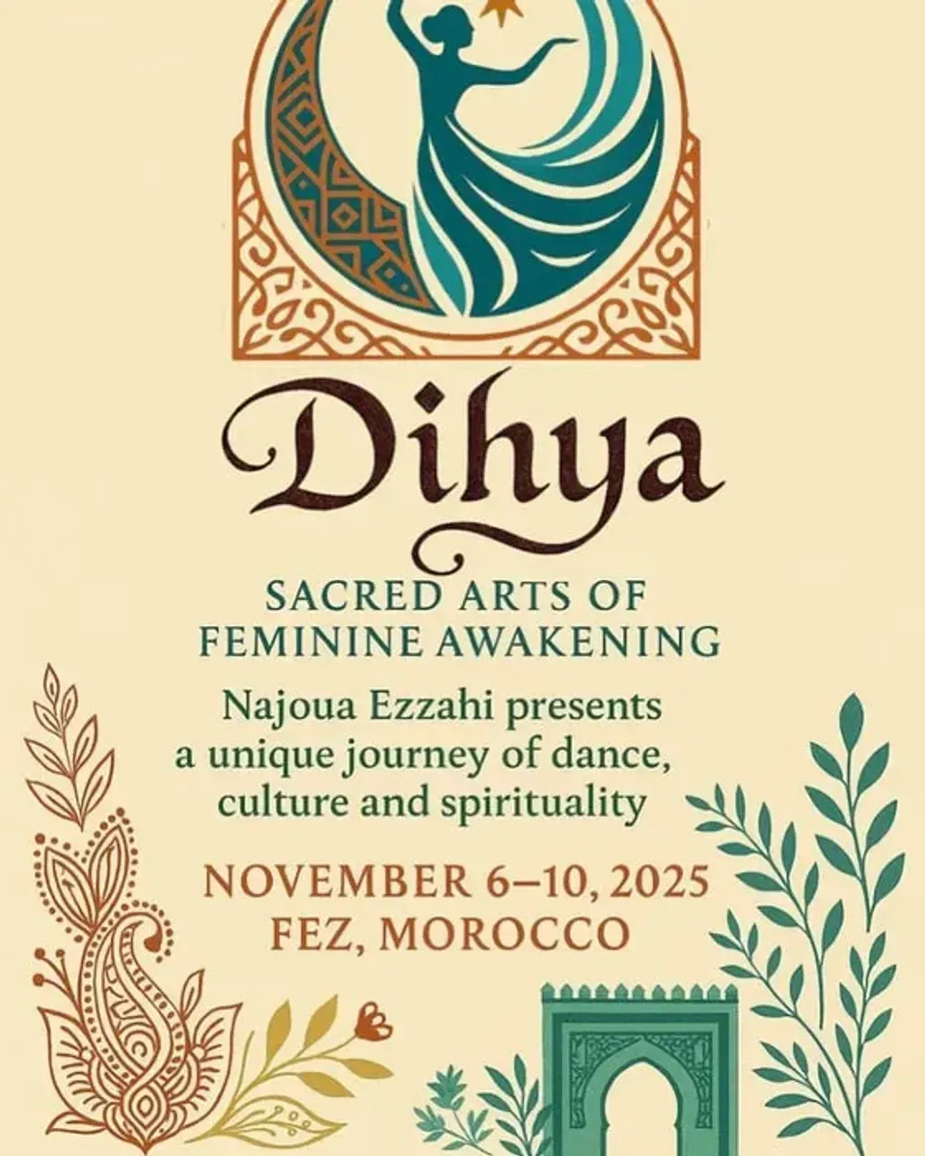 Dihya Sacred Arts — Dihya Sacred Arts is situated in Fez, Morocco, within the labyrinthine alleys of its medieval medina, a UNESCO World Heritage site. This ancient city is a sanctuary of timeless wisdom, sacred art, and a profound sense of feminine memory. The atmosphere is one of historical depth and authenticity, far removed from more commercial tourist hubs, offering an intimate and spiritually resonant environment.