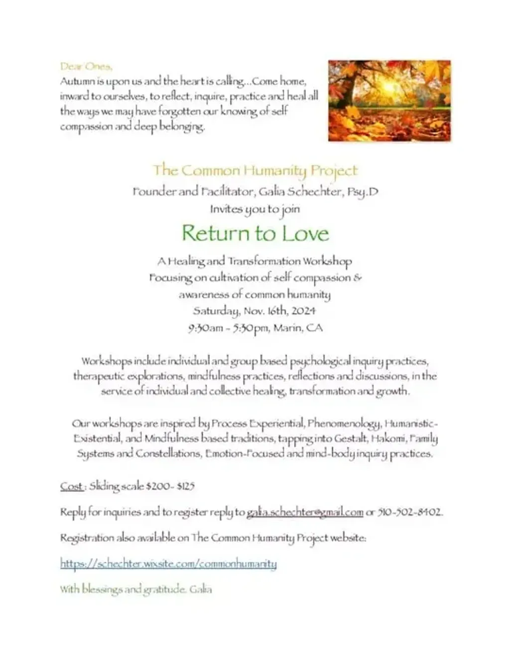 Dr. Galia Schechter — The retreats are held in a beautiful group meeting space located in Marin, California. This area is known for its scenic natural beauty, offering a serene backdrop for introspection and healing.