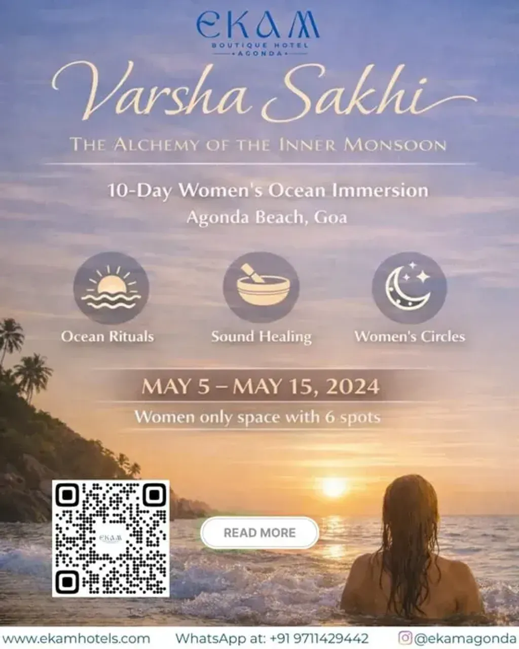 Ekam Agonda — Situated in Agonda, Goa, Ekam Agonda provides a tranquil coastal setting. The environment is designed to foster stillness and connection with nature, offering a peaceful escape from daily life. The presence of a sea-view rooftop yoga shala further enhances the natural ambiance.