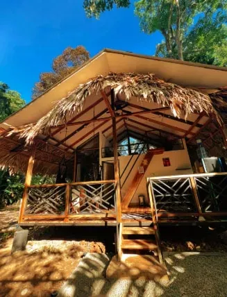 Evolution House — set in the rich biodiversity of Puerto Viejo de Talamanca, Evolution House is surrounded by dense tropical foliage. The atmosphere is one of serene natural immersion, where the sounds of the jungle and frequent wildlife sightings create a profound sense of connection to the environment. Hammocks invite relaxation, and an outdoor sand-rinse shower adds to the rustic charm.