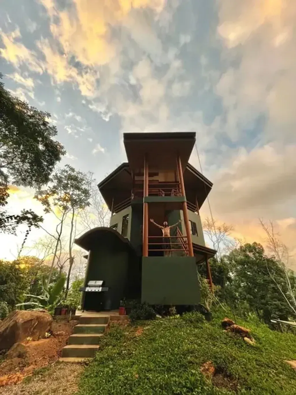 Finca Lilapad — Finca Lilapad is a humble yet beautiful 3-acre sanctuary situated in the vibrant jungle of Costa Rica's southern Pacific zone. It boasts a unique position directly opposite the country's tallest waterfall, providing a constant, awe-inspiring natural backdrop. The main shala, located on the third floor of Templo Ocho, offers expansive 360-degree views of the surrounding jungle, the majestic waterfall, and even distant ocean sunsets, creating a serene and immersive atmosphere.