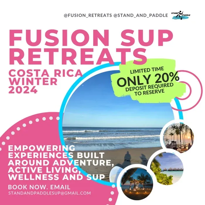 Fusion SUP Retreats by Stand and Paddle and Fusion Fit — Located in Herradura, Costa Rica, the retreat venues are situated directly on the beachfront, offering stunning ocean, beach, and waterfront views. The atmosphere is one of active coastal living, with the sounds of the waves and the tropical breeze creating a vibrant backdrop for adventure and relaxation.
