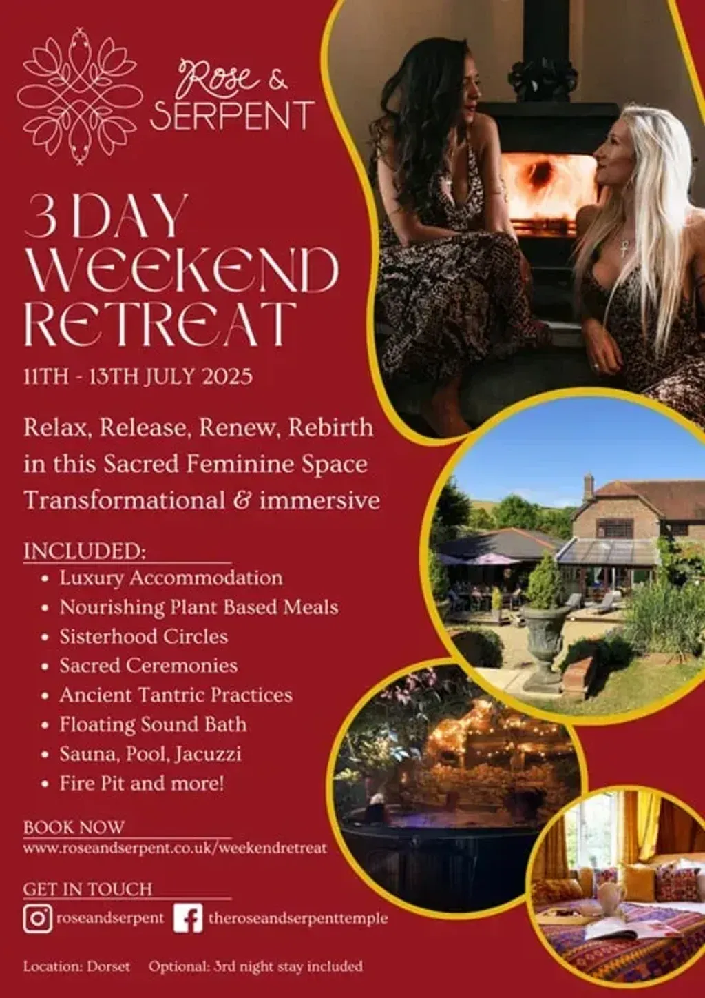 Goddess Reawakening — The retreat is situated at Downview Farm in Winterborne Houghton, a rural setting in Dorset. The location provides a peaceful escape, surrounded by the natural beauty of the English countryside, ideal for introspection and spiritual growth.
