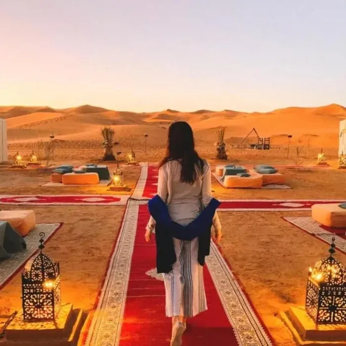 harmonious wellbeing — This retreat is a moving experience, taking you through the diverse and stunning landscapes of Morocco. You'll transition from the lively, historic streets of Marrakech to the peaceful, dramatic valleys of Dades, and finally to the awe-inspiring, golden expanse of the Sahara Desert. Each location offers a distinct atmosphere, carefully chosen to provide both comfort and an authentic immersion into Moroccan culture and natural beauty.