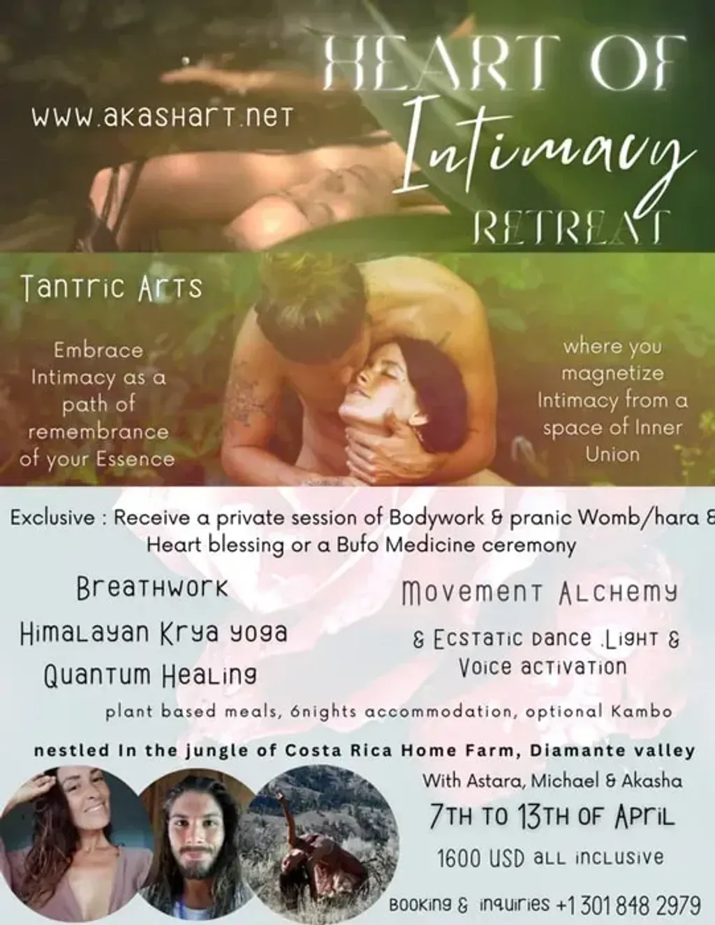 Heart of Intimacy — set within the vibrant Diamante Valley in Tinamaste, Costa Rica, the Home Farm retreat center provides a serene backdrop for introspection and connection. The surrounding natural environment likely contributes to a peaceful and grounding atmosphere, ideal for personal growth and exploration.