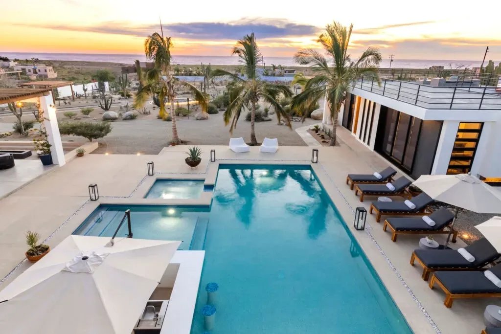 Hidden Leaf Baja — Hidden Leaf Baja is set on two acres in Todos Santos, Baja California Sur, surrounded by the arid beauty of the desert. The landscape features native cardón cactus and yucca, with the presence of xantus's hummingbirds adding to the natural charm. This environment is intentionally cultivated to inspire appreciation for nature and foster a sense of serenity.