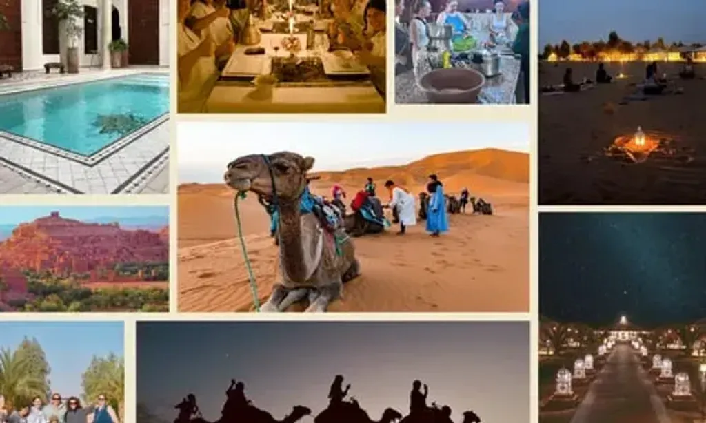 Journeys and Zen Morocco — This retreat is a journey across Morocco's enchanting landscapes. It begins in a tranquil villa just outside the vibrant city of Marrakech, then moves to a traditional Berber-style riad in the picturesque Boumaine Valley. The adventure continues with three nights in a luxury desert camp amidst the endless dunes of the Sahara, before concluding in a beautifully restored riad within Marrakech's ancient medina.