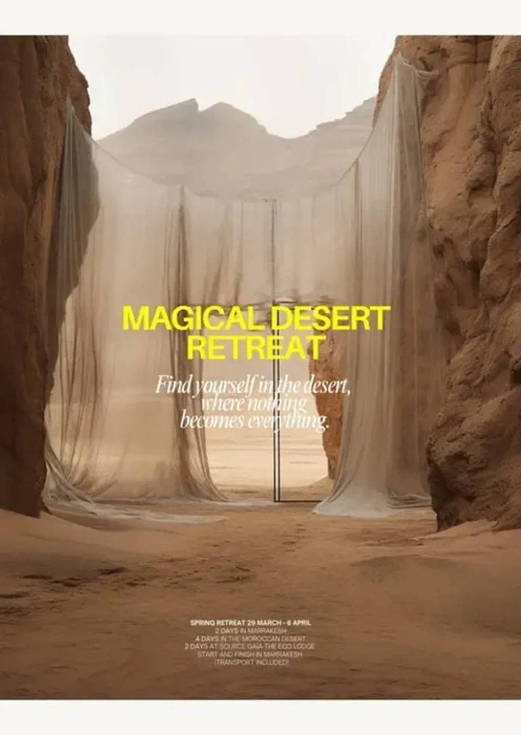 Magical Desert Retreat- Marocco — This retreat unfolds across diverse Moroccan landscapes. It begins in a comfortable riad in the bustling city of Marrakech, offering a calm respite. The journey then moves to the expansive, silent desert near Gaderben, where open horizons and natural rhythms invite deep presence. The experience concludes at Source Gaia Eco-Lodge, a peaceful oasis built with respect for the Earth, providing quiet and nurturing spaces for integration.
