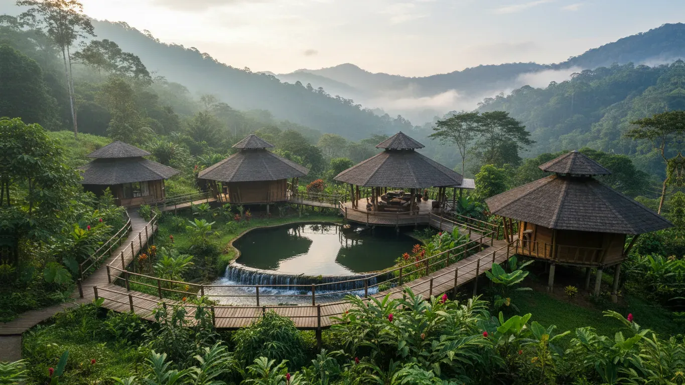 N.E.S.T — Perched in Talamanca, N.E.S.T boasts stunning views over a lush fruit forest valley and dense jungle. The environment is rich with biodiversity, offering a truly immersive natural experience. The community actively regenerates the soil, cultivating a vibrant permaculture garden that provides much of the food.