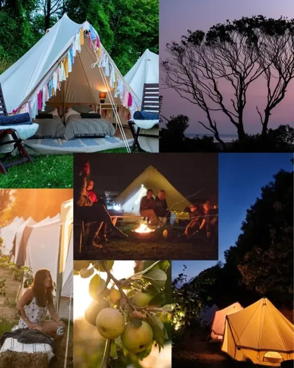 Nikita Leys — The retreat unfolds on a peaceful glamping site set within an ancient sea-view orchard in Saunton, North Devon. Surrounded by wildflowers and open skies, the atmosphere is calm and restorative, inviting guests to slow down and connect with the natural world.