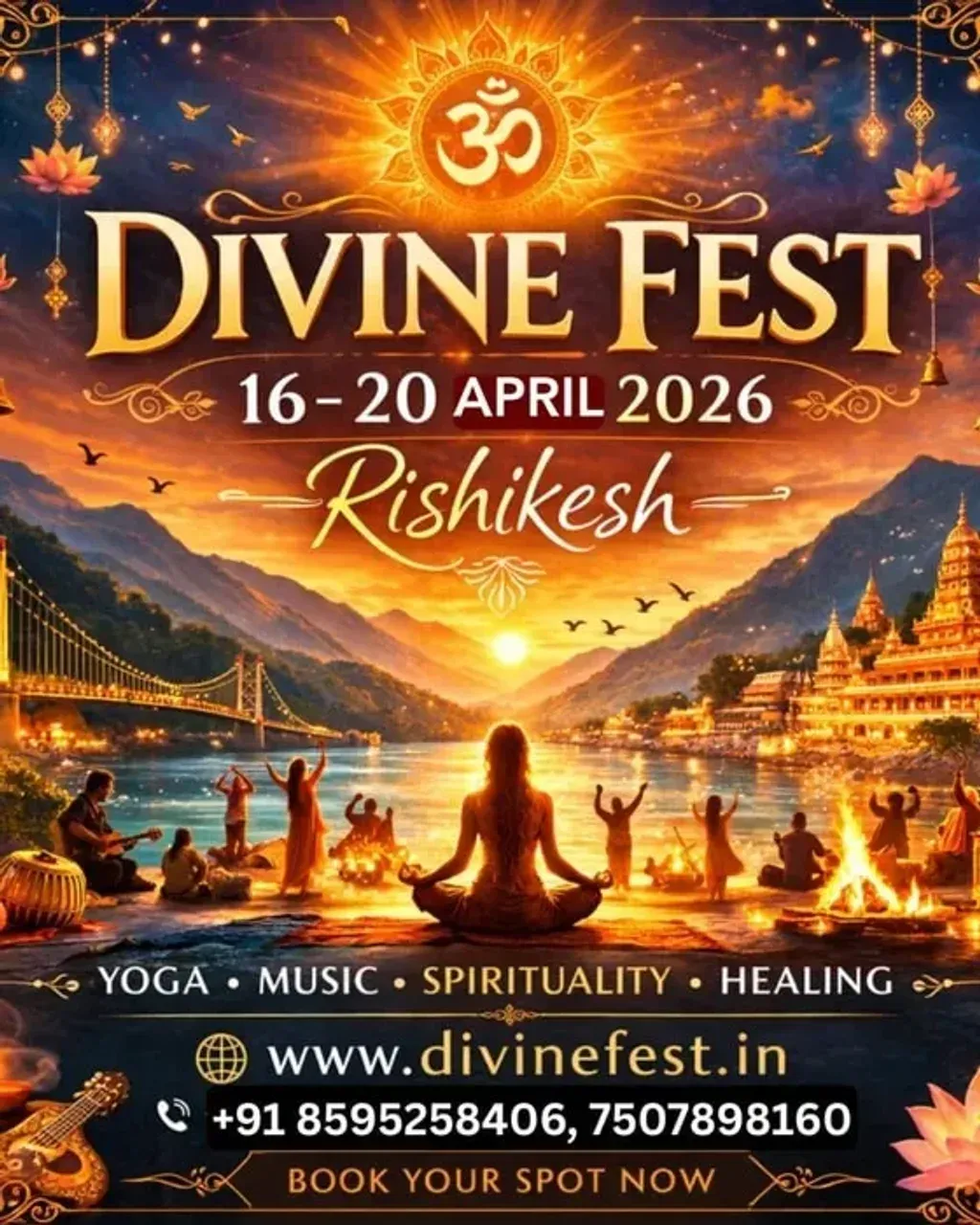 Rishikesh Divine Fest — The center is situated in the peaceful Lakkad Ghat area of Rishikesh, within the Osho Maikada retreat space. It is surrounded by lush greenery and benefits from its proximity to the sacred Ganga River, creating a naturally calm and meditative environment.