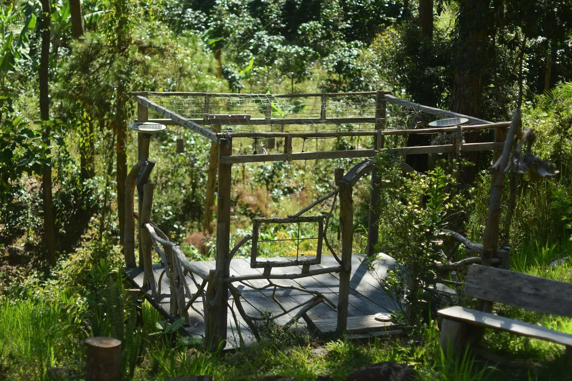 Rumi Wasi — The center is situated on two hectares of mostly forest land, providing a deeply natural and rustic environment. A stream with small waterfalls runs through the property, offering a serene place to connect with nature. The ceremonial space is thoughtfully integrated into the forest, providing shelter while maintaining an open connection to the elements.