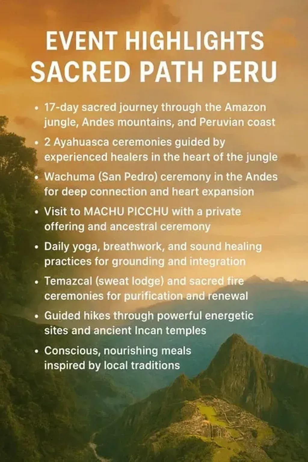 Sacred path Perú — Sacred Path Perú is not confined to a single location; it's an immersive journey across the diverse landscapes of Peru. Participants travel from the lush Amazon jungle, through the towering Andes mountains, and finally to the serene Pacific coast. Each location is chosen for its natural beauty and spiritual significance, providing a constantly evolving backdrop for healing and reflection.