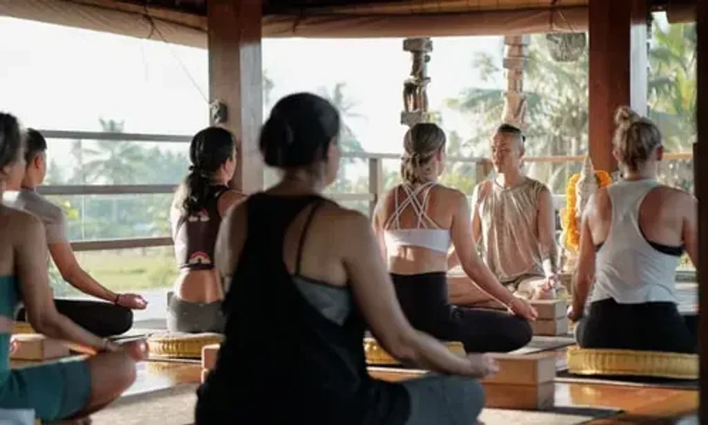 Sage Shamanic Yoga — The center is set within a vibrant, lush jungle landscape in Ubud, Bali. This natural environment provides a tranquil and immersive atmosphere, with the sounds and sights of tropical flora creating a peaceful backdrop for reflection and practice. Shared common spaces, including a living room reading area and kitchen, foster a sense of community among guests.