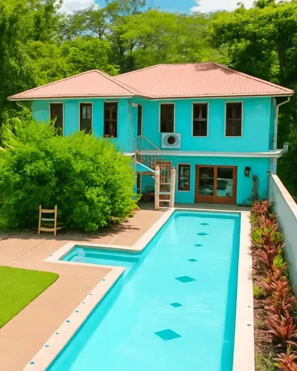 Samaritan Counseling Center — The center boasts extensive outdoor areas, including an uncovered deck/patio, balcony, and veranda with a sitting area and a hammock, providing views of the Mopan River and surrounding jungle canopy. A large, private lap pool, 10 feet by 75 feet and only 4 feet deep, is available for recreation and relaxation amidst the tropical landscape. A separate hall space with river views is dedicated to yoga and other events.