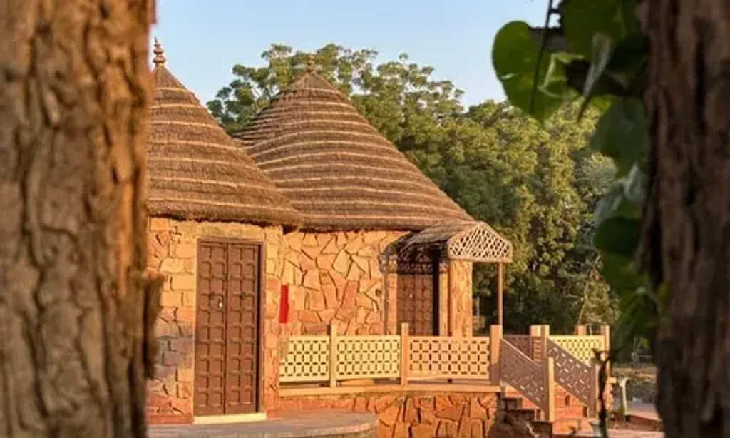 Sawitri Ayurveda — set in Jodhpur, Rajasthan, Sawitri Ayurveda provides a serene environment with terraced therapeutic gardens, indigenous plants, and aromatic herbs. Stone pathways connect various meditation zones, while elevated teak platforms offer sunrise and sunset views for yoga and meditation. A central lotus pond with blooming varieties and stone seating creates a reflective space, enhanced by evening lighting.