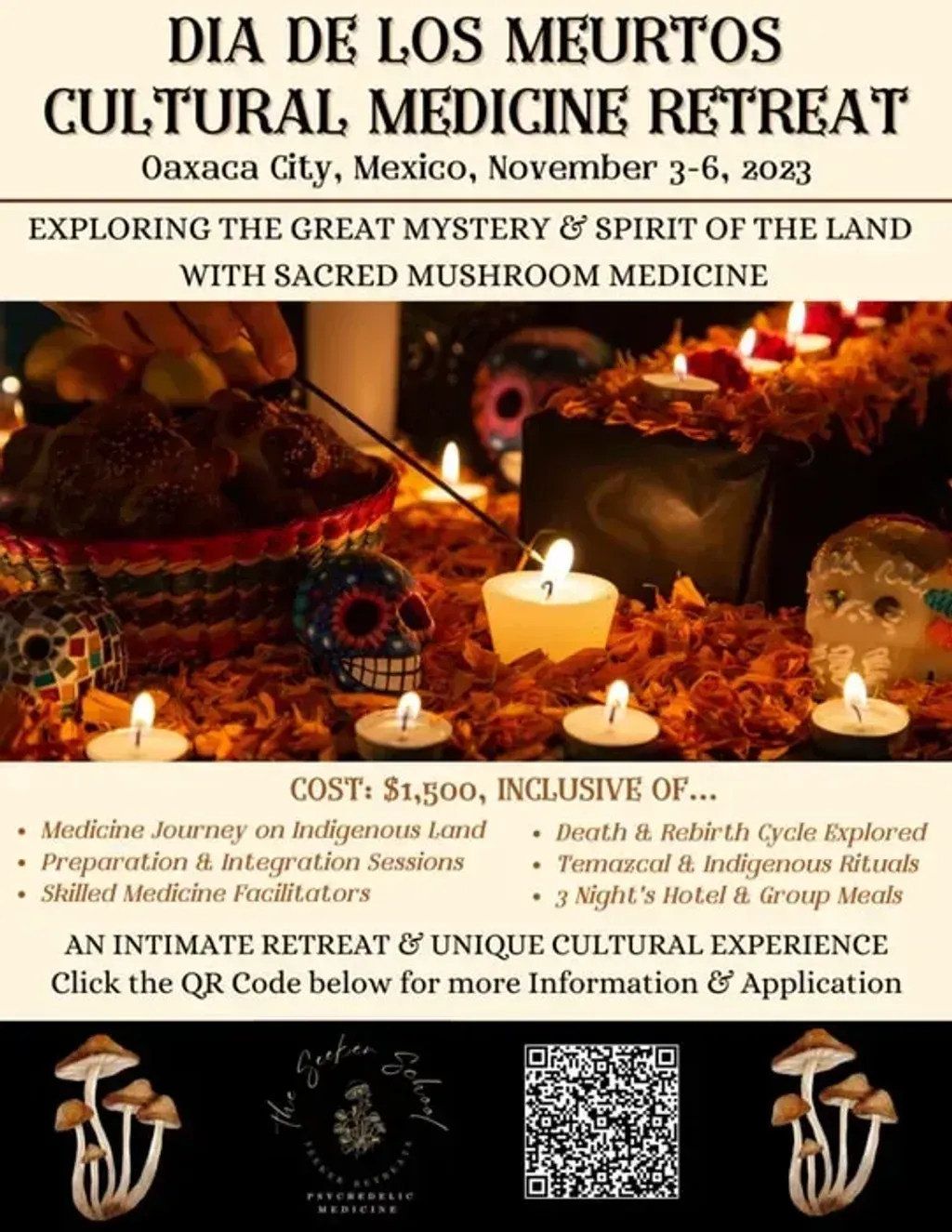 Seeker Retreats — The sacred mushroom ceremonies are held on protected indigenous land in the hills overlooking Oaxaca City. This venue boasts a spacious building and beautiful grounds, offering spectacular views of the valley below. The retreat also incorporates excursions into the historic, colonial center of Oaxaca, providing a dynamic blend of natural serenity and vibrant urban exploration.