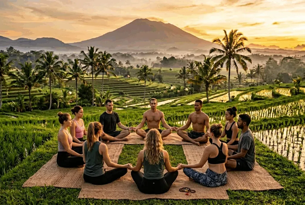 Sixth Element Bali — Sixth Element Bali is situated on Keramas Beach, a tranquil area where vibrant rice paddies meet the Indian Ocean. This location offers a peaceful "Old Bali" atmosphere, distinct from the busier tourist hubs. The natural environment, with its salty breezes and golden fields, is integral to the retreat's focus on elemental harmony and awakening intuition.