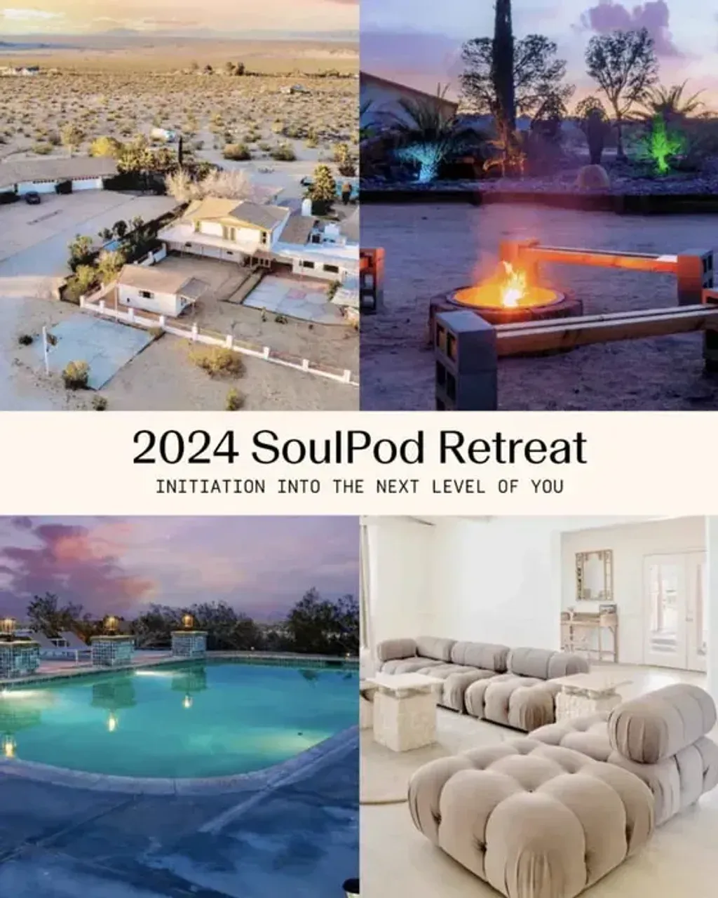 SoulPod Annual Retreat — Joshua Tree, California, offers a unique desert landscape characterized by its iconic Joshua trees, rugged rock formations, and vast, open skies. The atmosphere is one of serene solitude and natural beauty, well suited to introspection and connecting with the environment.