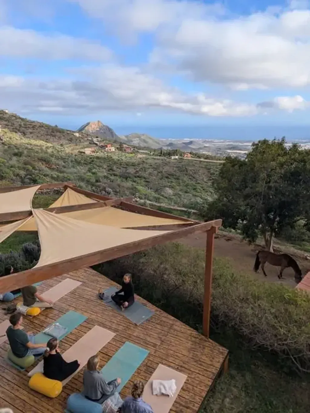 The Conscious Space — The retreat unfolds at a peaceful finca, Finca Altavista, set amidst the natural beauty of Tenerife South. Guests are treated to expansive ocean views and the calming presence of permaculture gardens. A tranquil pond with a small stream adds to the serene atmosphere, creating an idyllic backdrop for reflection and practice.
