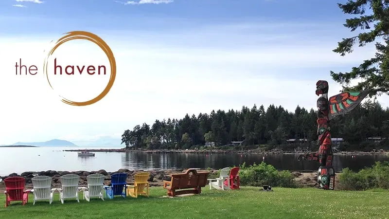The Haven — The Haven is located on Gabriola Island, one of British Columbia's Southern Gulf Islands. The natural environment is a key part of the experience, with accommodations set by quiet coastline waters or located in rustic cabins among the trees. This tranquil island setting provides a peaceful escape from daily life, fostering an atmosphere of quiet comfort and natural beauty.