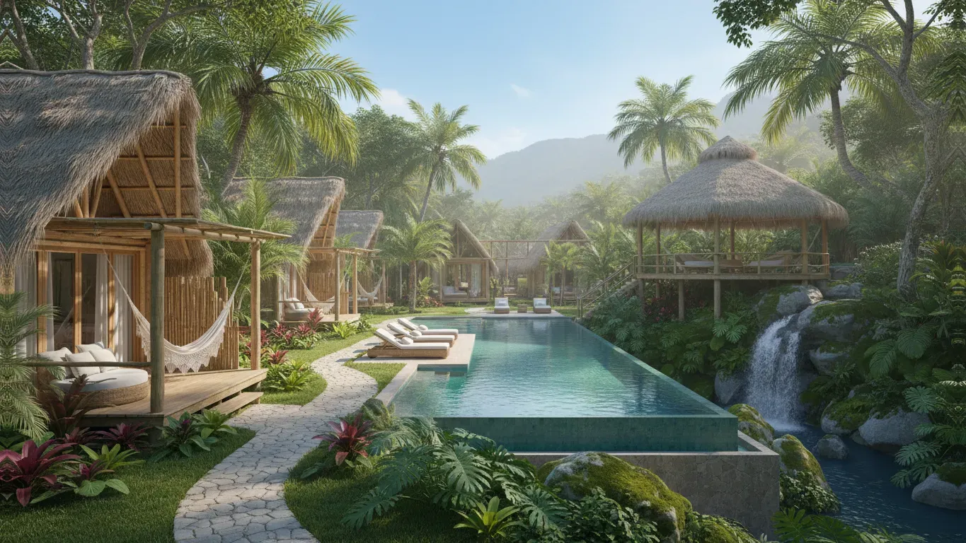 Wonderland Events — Wonderland Events is situated deep within the lush jungle of Tulum, providing a secluded and natural atmosphere. The property boasts a private sacred cenote, offering a refreshing natural swimming spot, and is dotted with twelve geodesic domes for accommodation, all set against the backdrop of the vibrant jungle landscape.